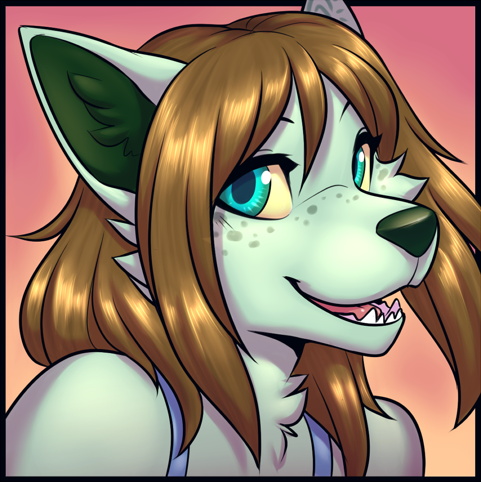 Mint green wolf with brown hair smiles at the viewer while the wind blows her hair. Art by lockworkorange